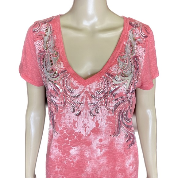 Miss Me Mesh Jeweled Tribal Angel Wing Burnout V-Neck Top Size Large - Picture 2 of 6